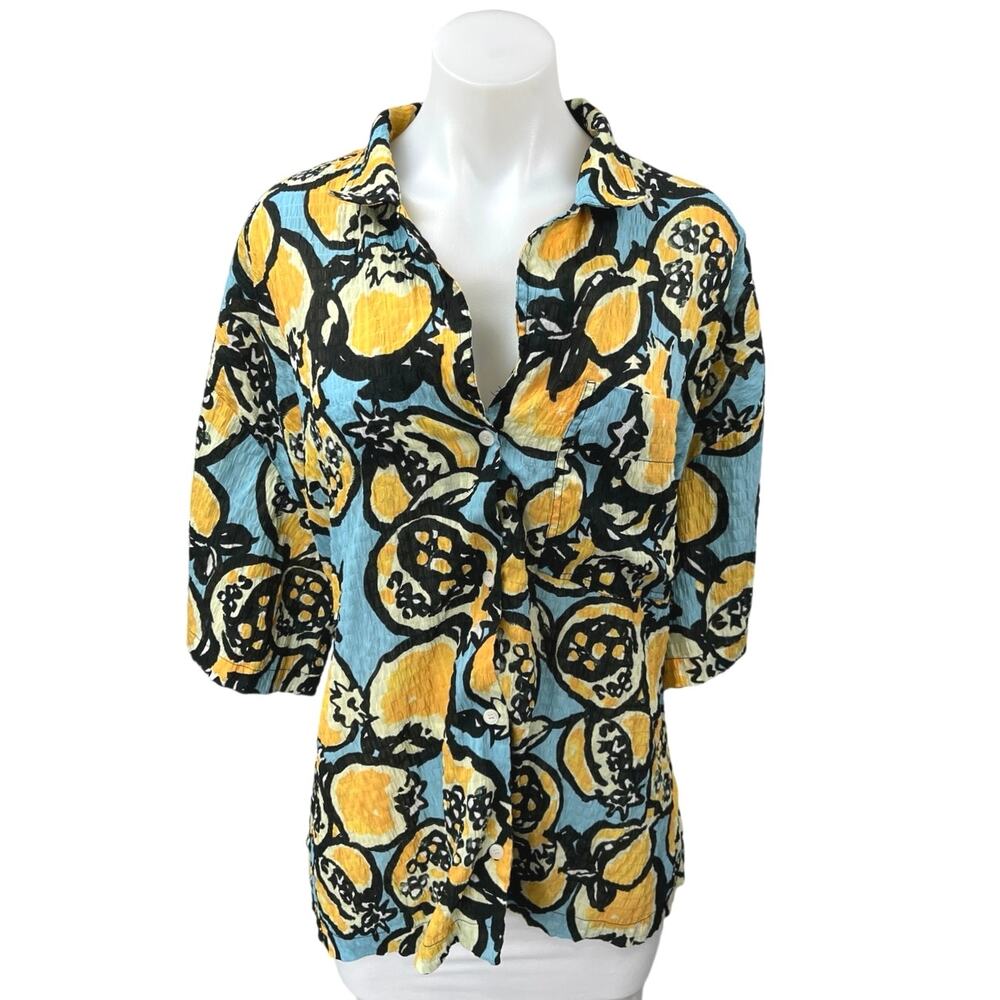 Zara Women's Multicolor Fruit Print Oversized Short Sleeve Button Up Shirt Top L